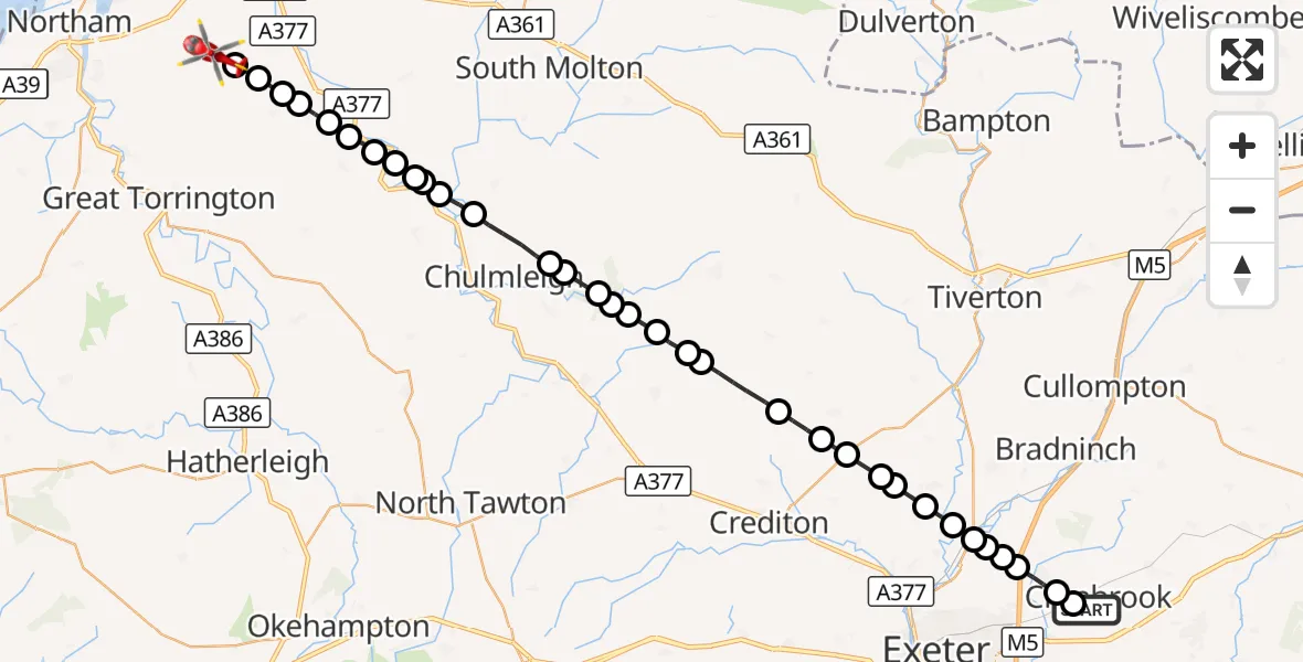 Flight route Air Ambulance Helicopter Clyst Honiton - Newton Tracey, 23 August 2026, 08:32
