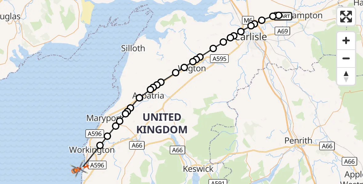Flight route Coastguard Helicopter Carlisle Lake District Airport - Workington, 23 August 2026, 08:59