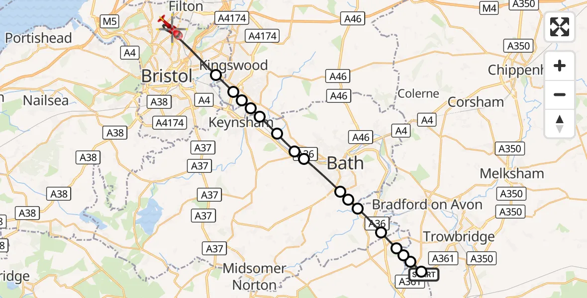 Flight route Air Ambulance Helicopter Southwick - Bristol, 23 August 2026, 09:09