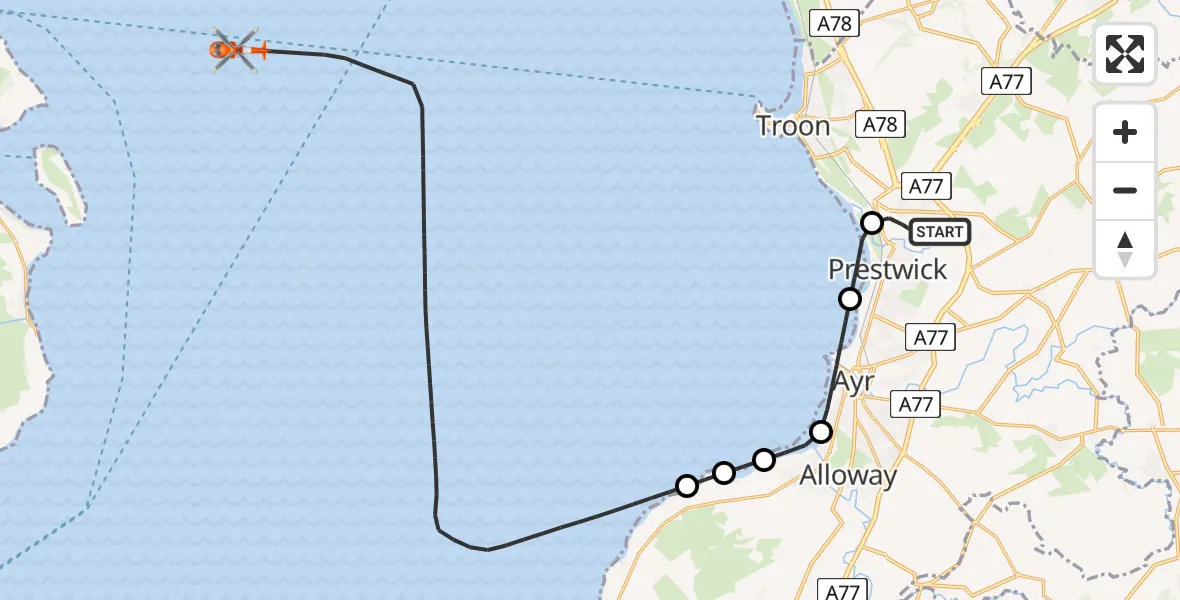 Flight route Coastguard Helicopter Glasgow Prestwick Airport - Inner Seas, 23 August 2026, 09:27
