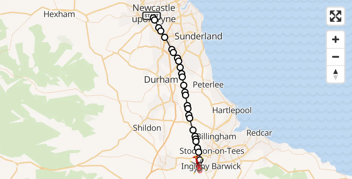 Flight route Air Ambulance Helicopter Grainger Town - Egglescliffe, 23 August 2026, 09:28