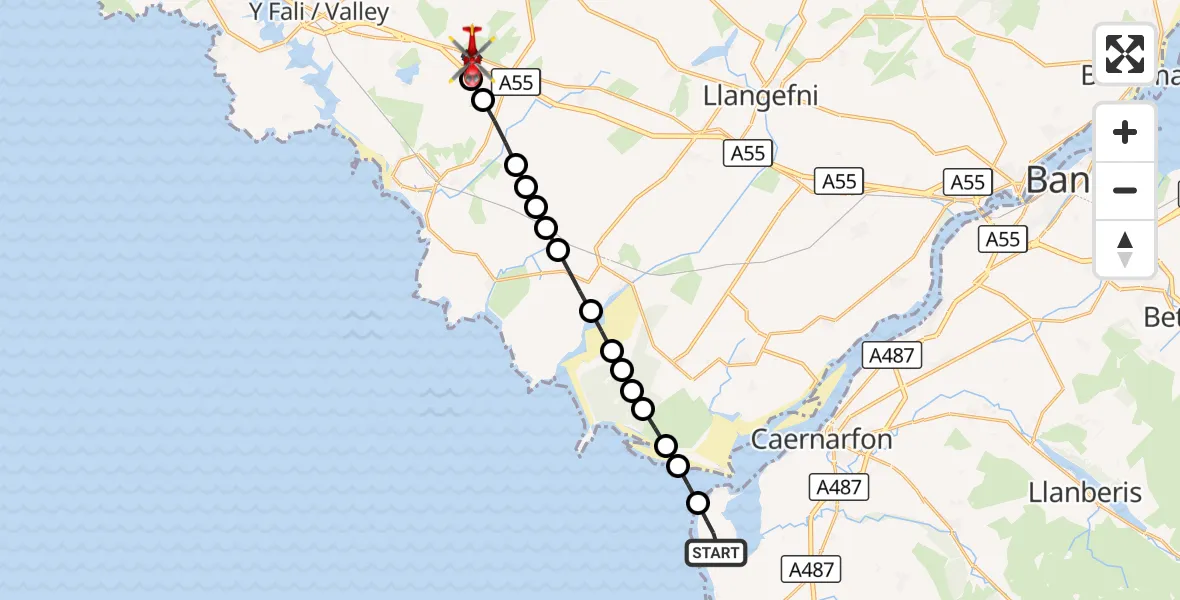 Flight route Air Ambulance Helicopter Caernarfon Airport - Bryngwran, 23 August 2026, 09:38