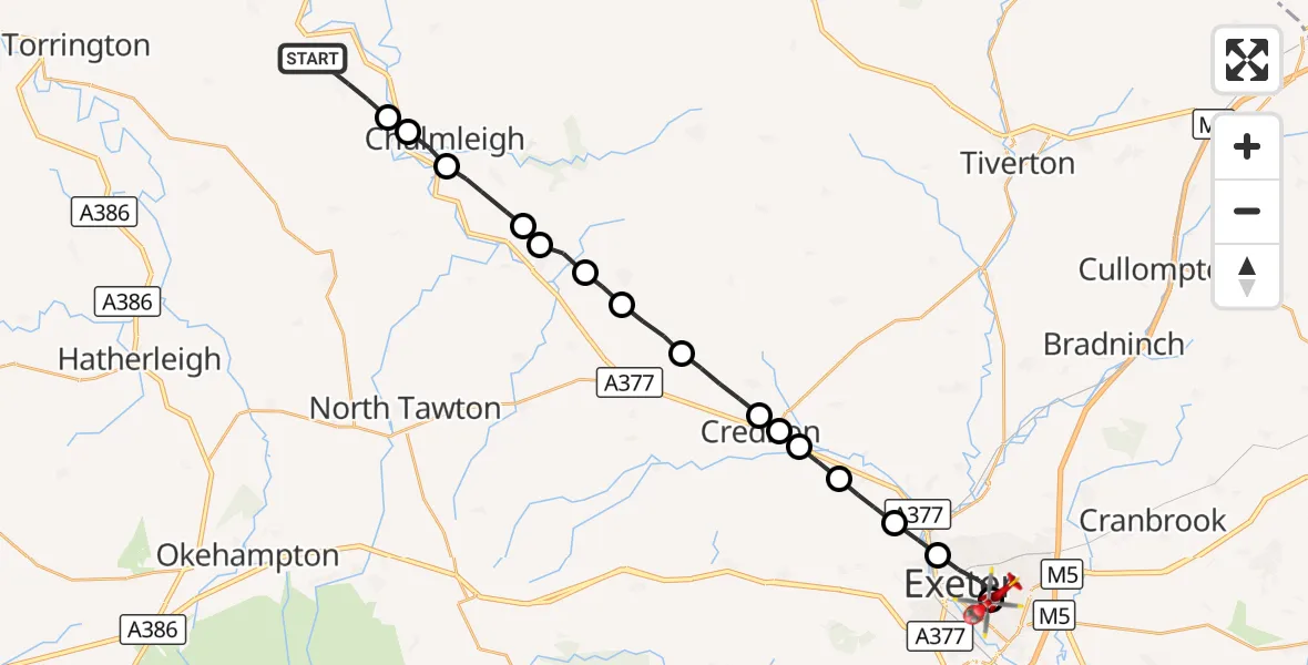 Flight route Air Ambulance Helicopter Burrington - Royal Devon & Exeter Hospital, 23 August 2026, 09:55