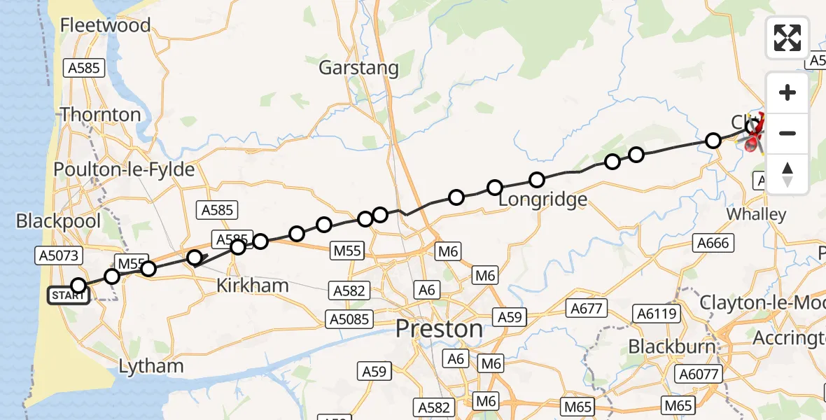 Flight route Air Ambulance Helicopter Blackpool Airport - Clitheroe, 23 August 2026, 09:59