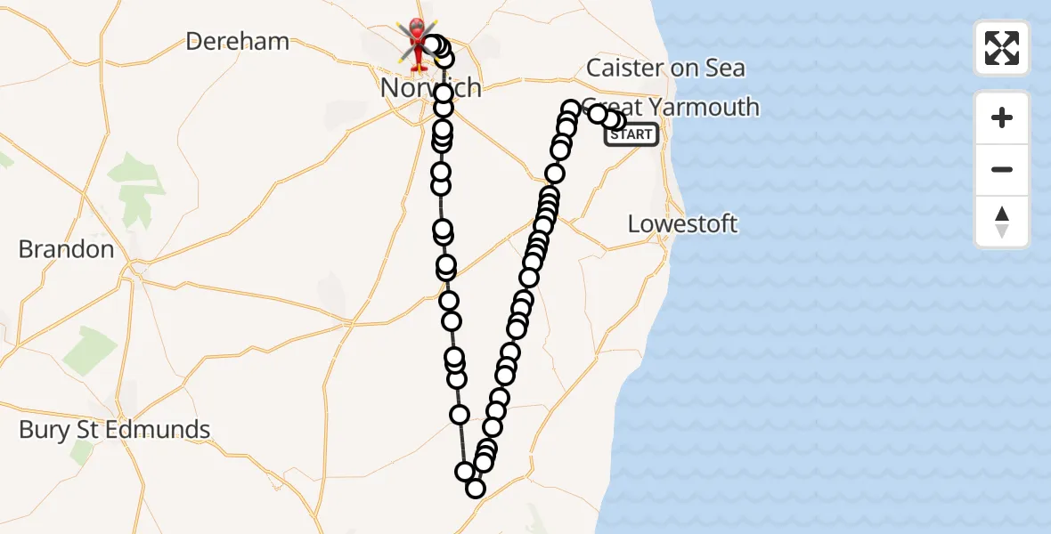 Flight route Air Ambulance Helicopter Great Yarmouth - Norwich Airport, 23 August 2026, 10:00