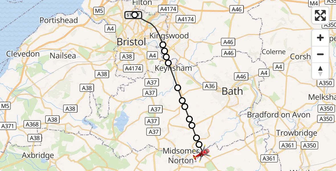 Flight route Air Ambulance Helicopter Southmead Hospital - Radstock, 23 August 2026, 10:11