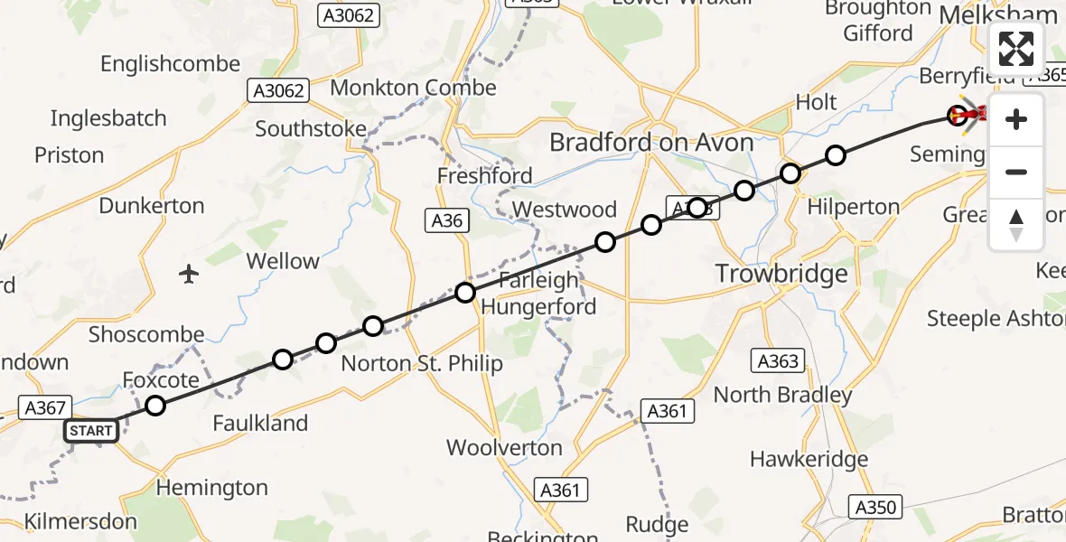 Flight route Air Ambulance Helicopter Radstock - Semington, 23 August 2026, 10:21