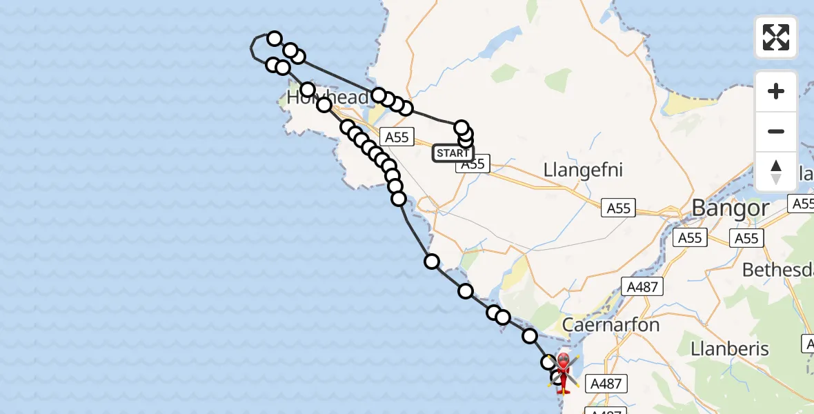 Flight route Air Ambulance Helicopter Bryngwran - Caernarfon Airport, 23 August 2026, 10:22