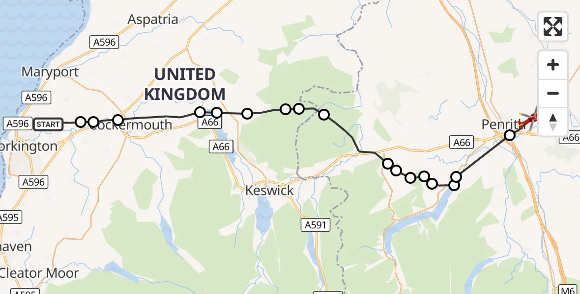 Flight route Air Ambulance Helicopter Camerton - Penrith, 23 August 2026, 10:24