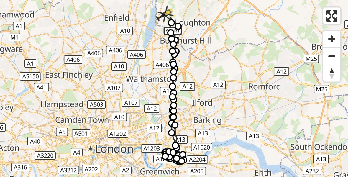 Flight route Police Helicopter Waltham Abbey - Sewardstonebury, 23 August 2026, 10:32