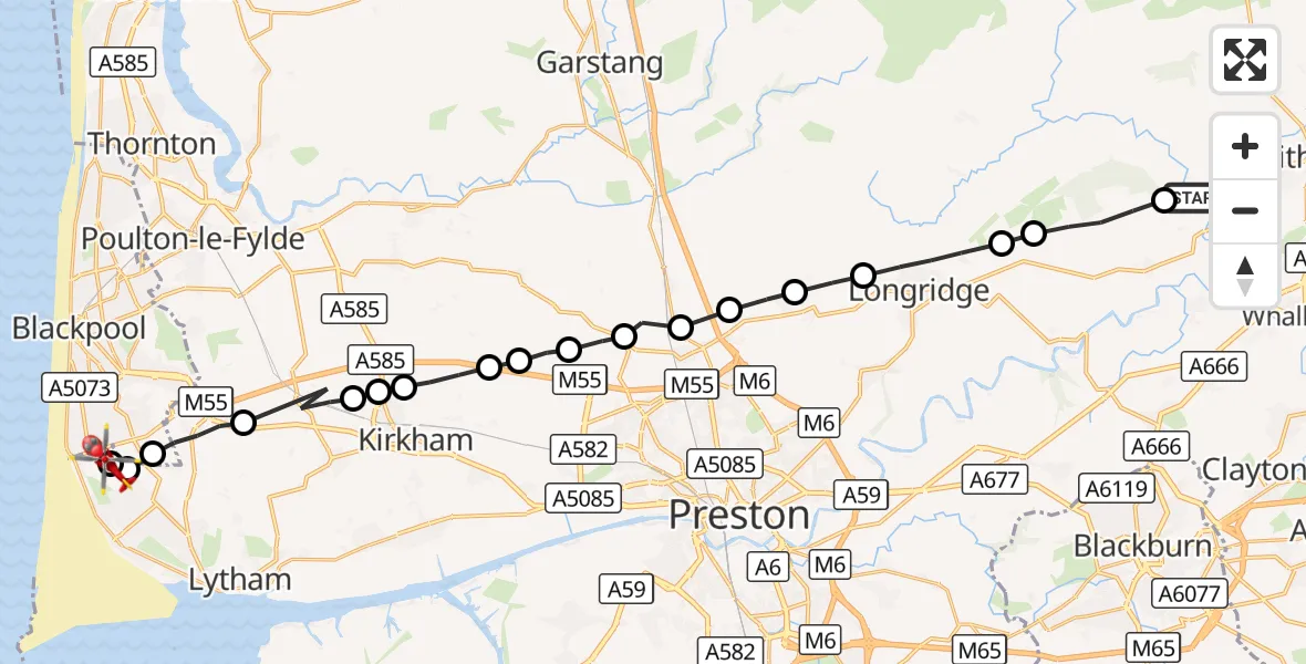 Flight route Air Ambulance Helicopter Great Mitton - Blackpool Airport, 23 August 2026, 10:37