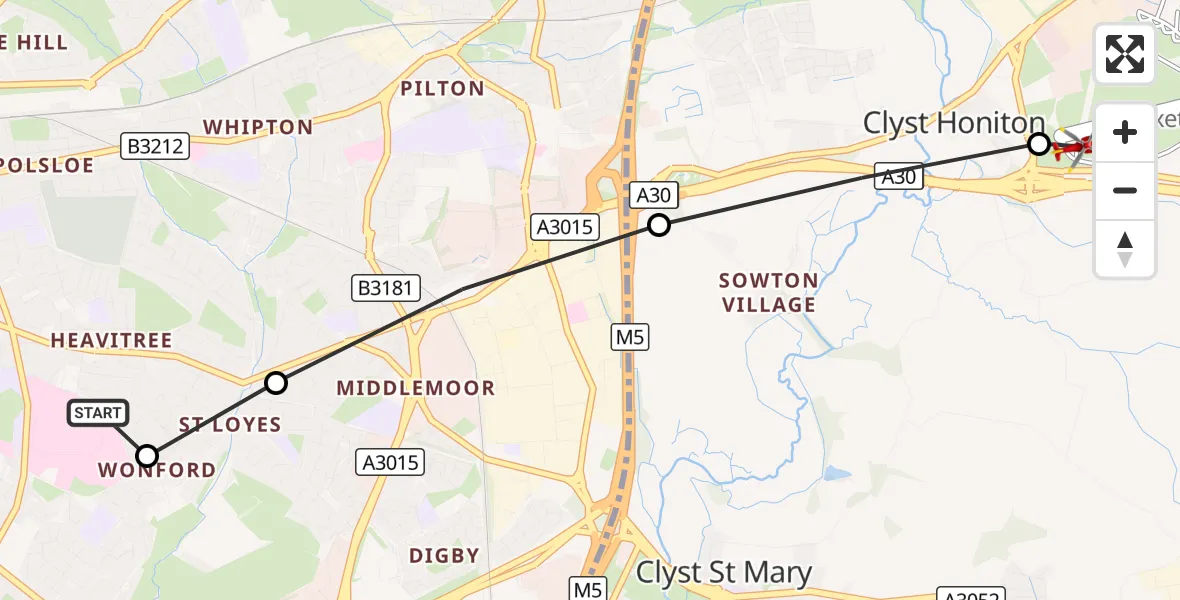 Flight route Air Ambulance Helicopter Royal Devon & Exeter Hospital - Exeter International Airport, 23 August 2026, 10:44