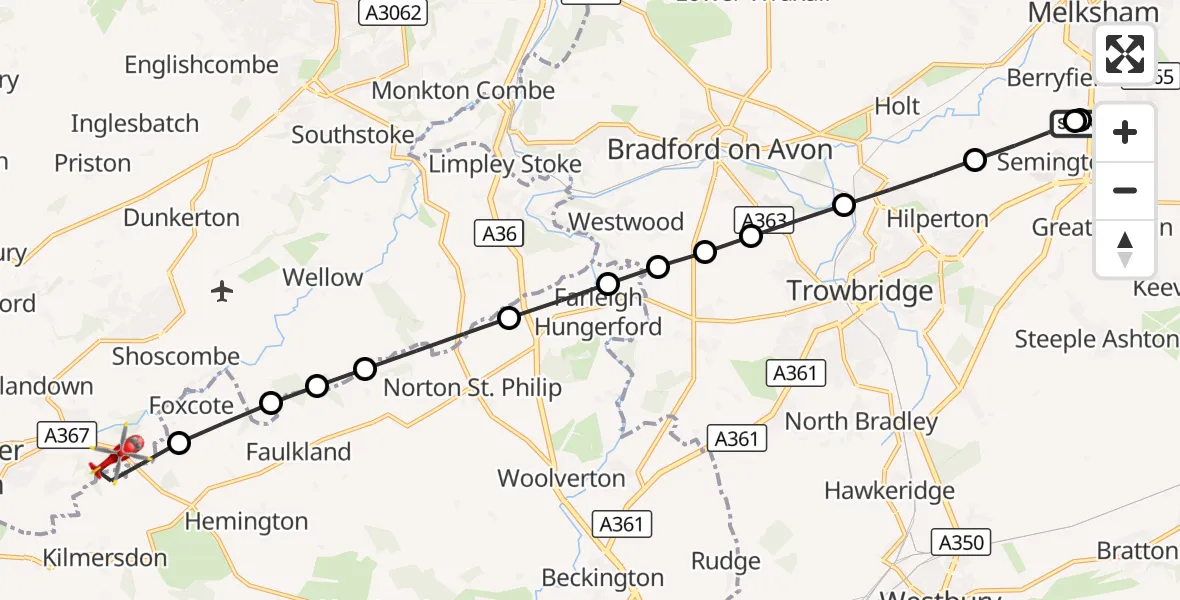 Flight route Air Ambulance Helicopter Wiltshire Air Ambulance - Radstock, 23 August 2026, 10:44