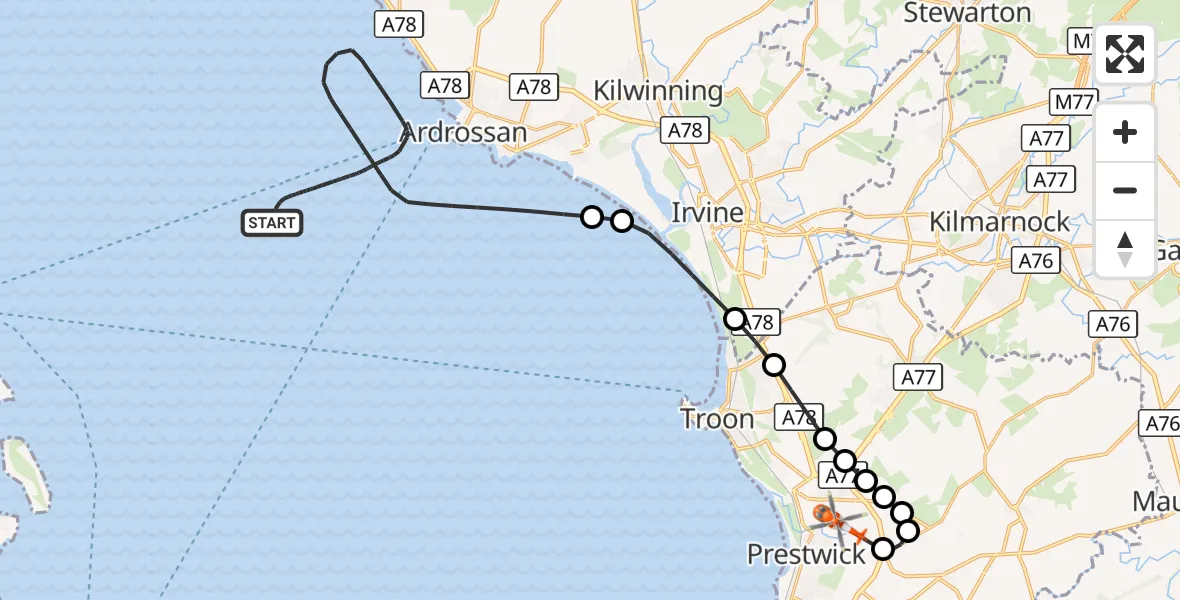 Flight route Coastguard Helicopter Inner Seas - Glasgow Prestwick Airport, 23 August 2026, 10:47