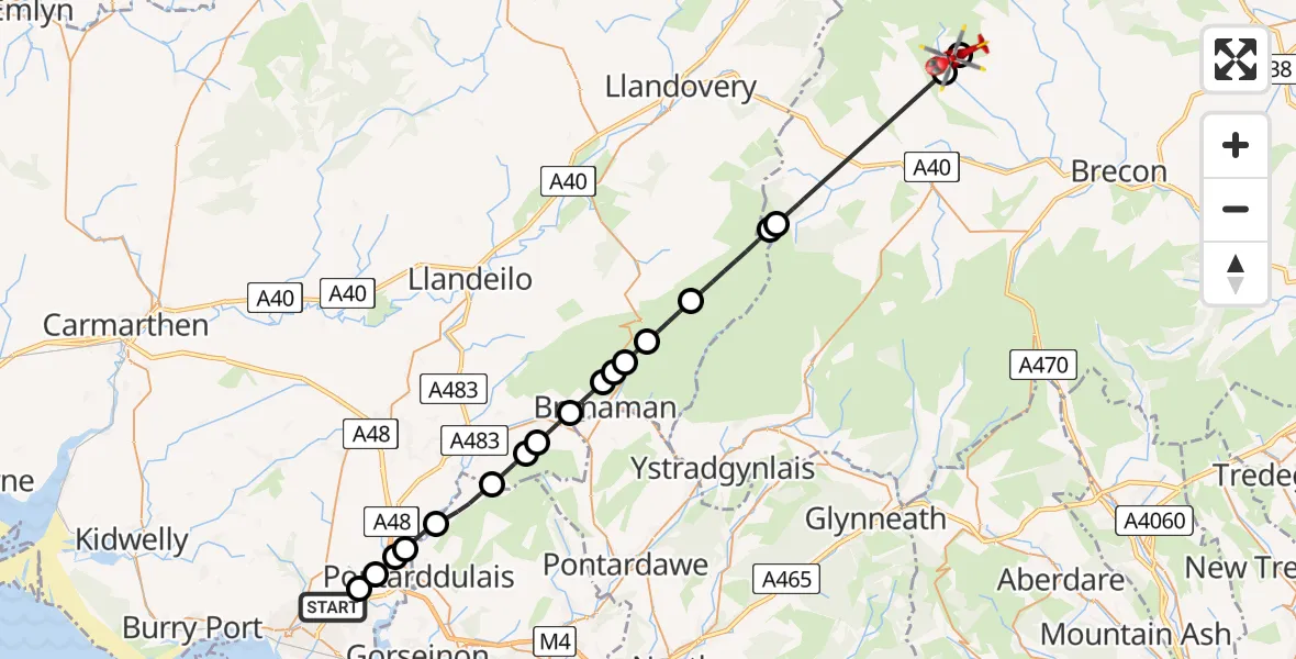 Flight route Air Ambulance Helicopter Dafen - Trallong, 23 August 2026, 10:47