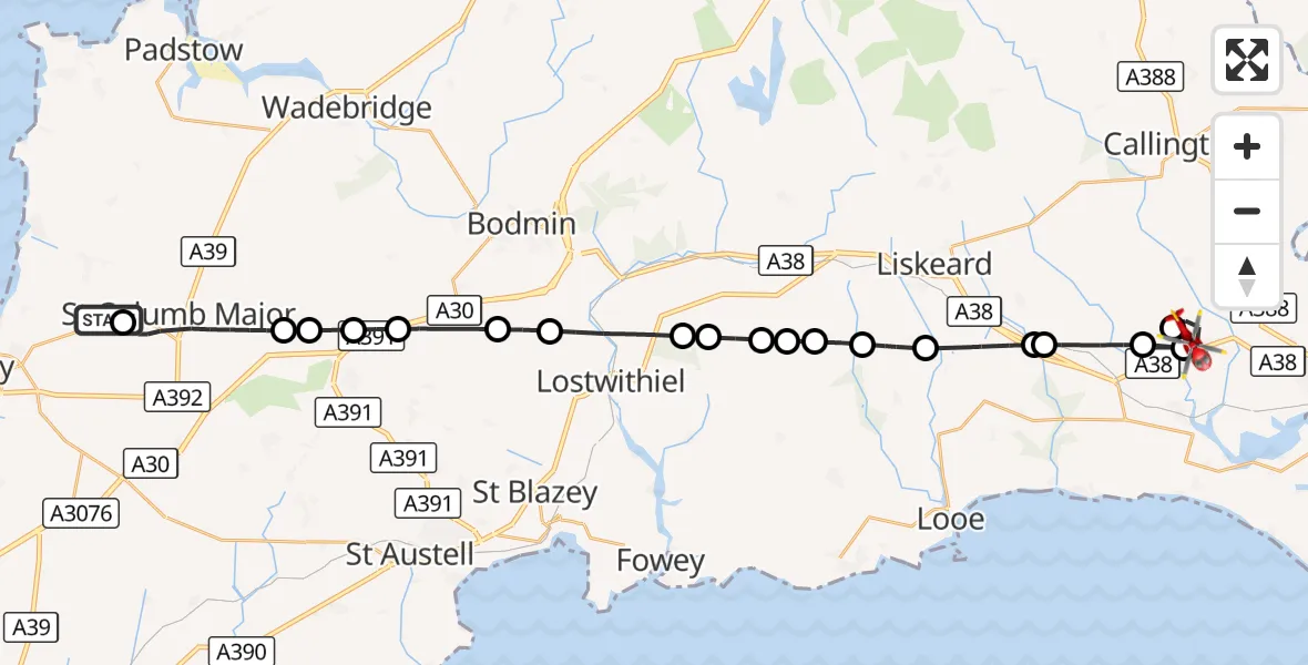 Flight route Air Ambulance Helicopter Cornwall Airport Newquay - Tideford, 23 August 2026, 10:54