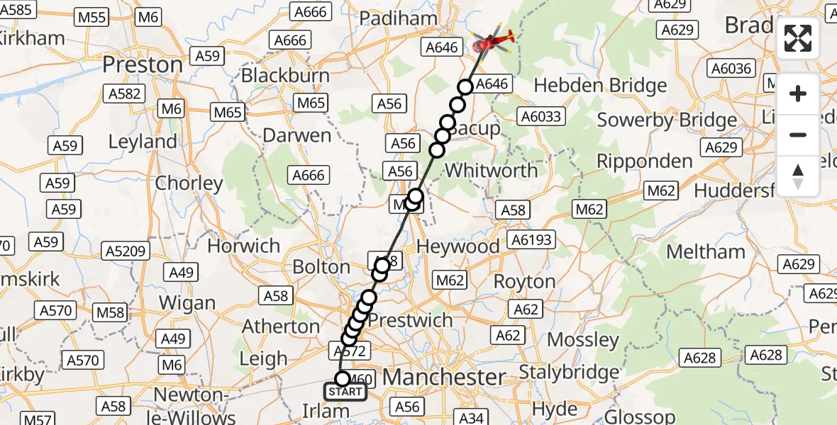 Flight route Air Ambulance Helicopter Manchester Barton Aerodrome - Burnley, 23 August 2026, 11:19
