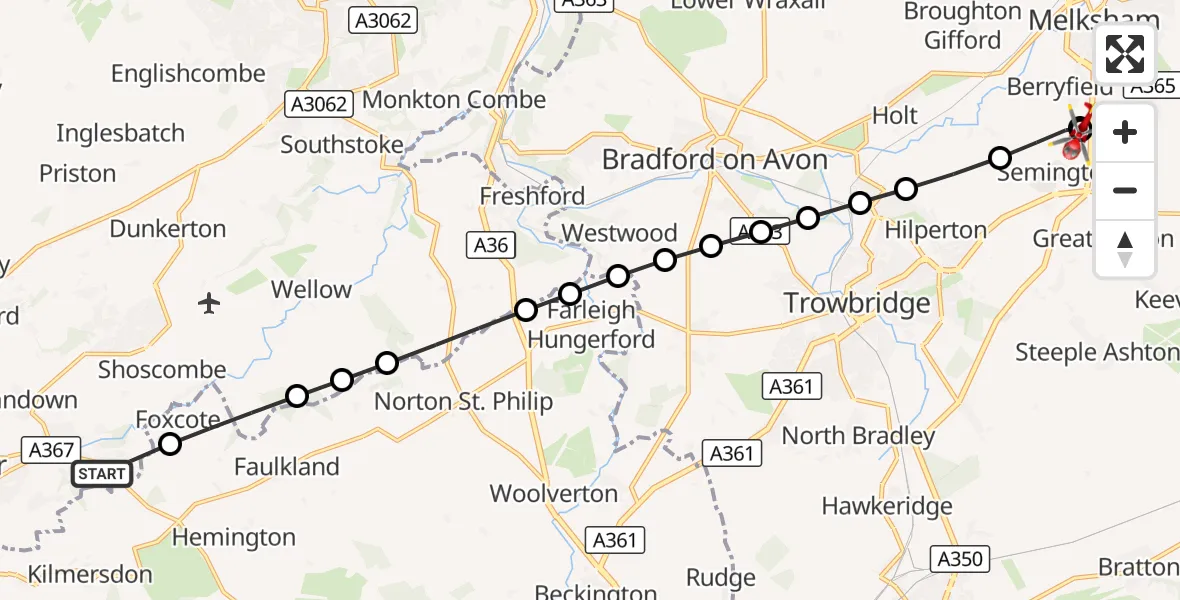 Flight route Air Ambulance Helicopter Radstock - Wiltshire Air Ambulance, 23 August 2026, 11:21