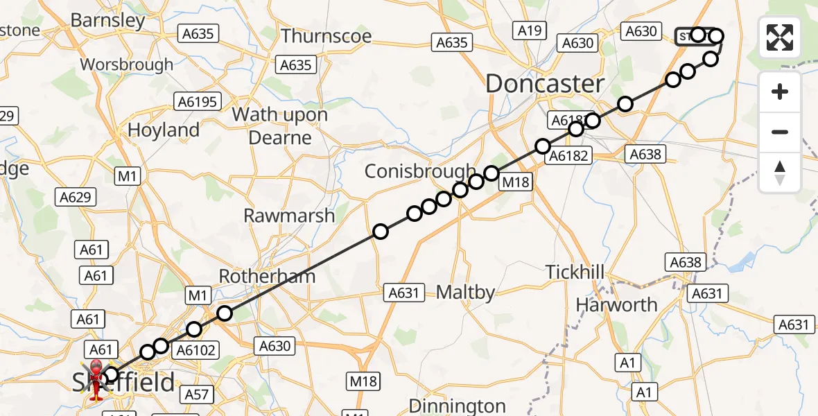 Flight route Air Ambulance Helicopter Old Cantley - Sheffield Childrens Hospital, 23 August 2026, 11:25