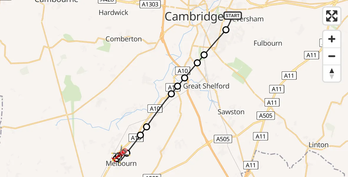 Flight route Air Ambulance Helicopter Cambridge City Airport - Melbourn, 23 August 2026, 11:29