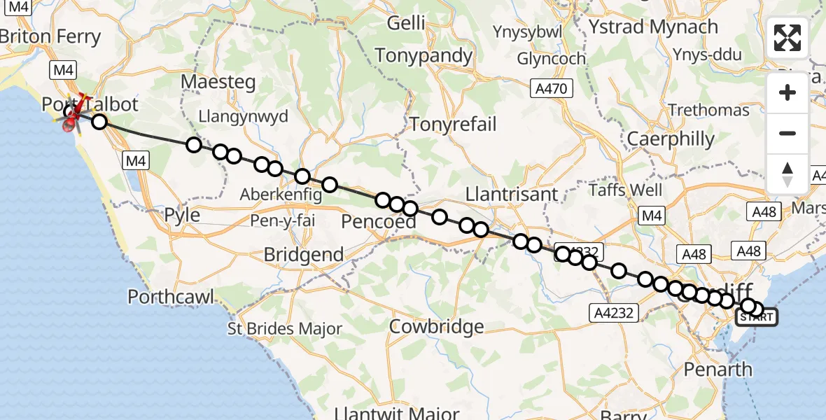 Flight route Air Ambulance Helicopter Cardiff Heliport - Sandfields East, 23 August 2026, 11:29