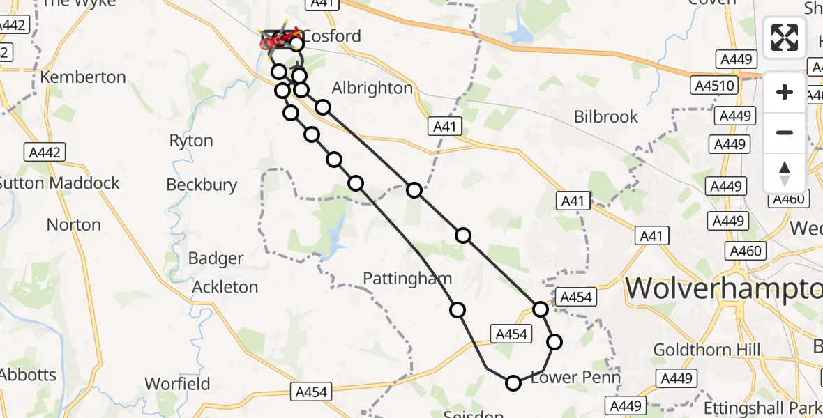 Flight route Air Ambulance Helicopter RAF Cosford - Shifnal, 23 August 2026, 11:38