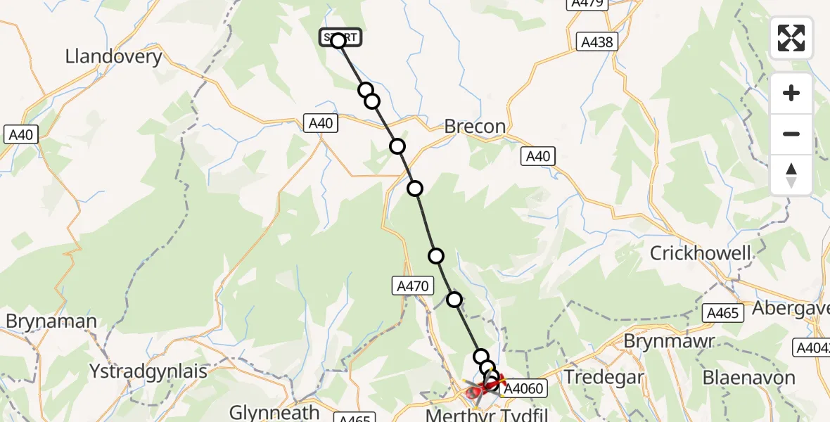 Flight route Air Ambulance Helicopter Trallong - Merthyr Tydfil, 23 August 2026, 11:38