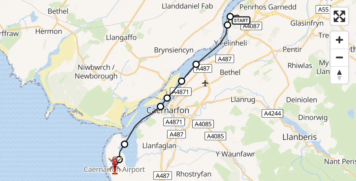 Flight route Air Ambulance Helicopter Aber Pwll - Caernarfon Airport, 23 August 2026, 11:40