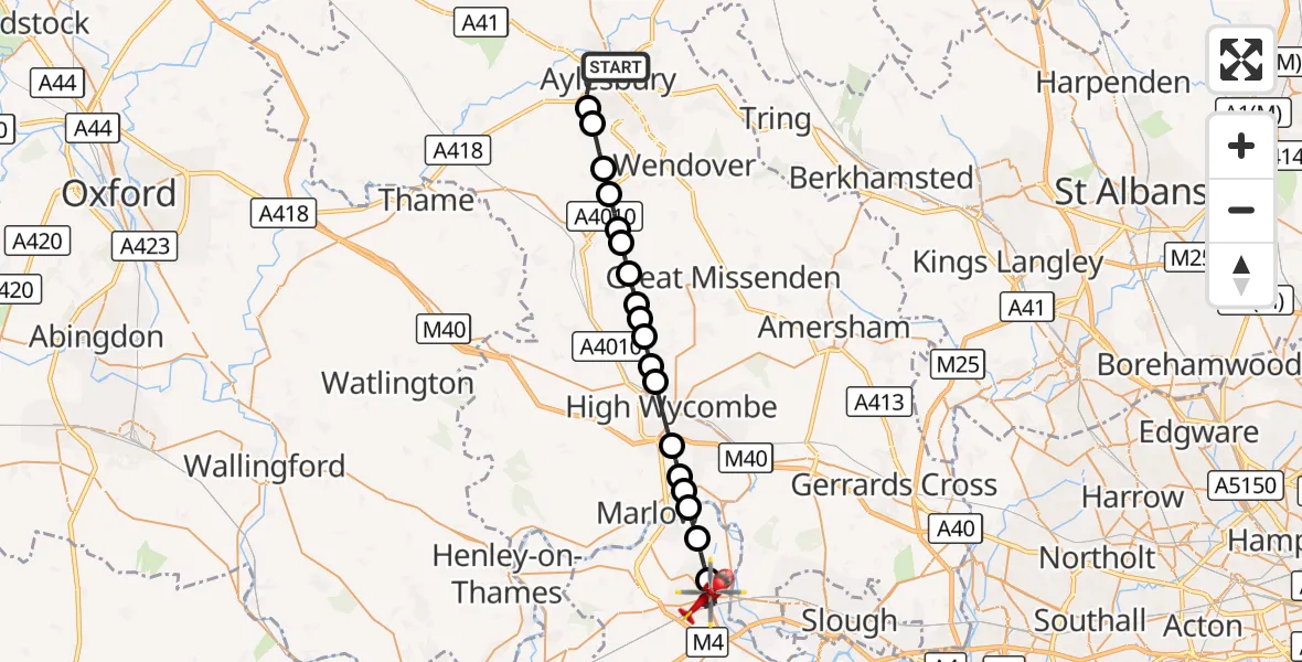 Flight route Air Ambulance Helicopter Aylesbury - Maidenhead, 23 August 2026, 11:47