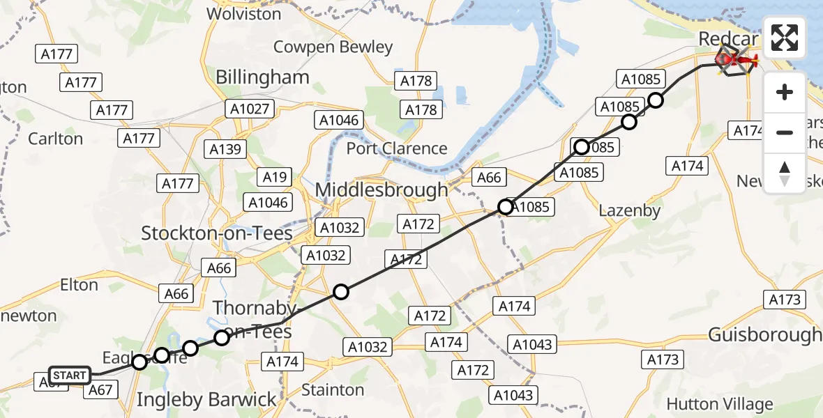 Flight route Air Ambulance Helicopter Egglescliffe - Redcar, 23 August 2026, 11:47