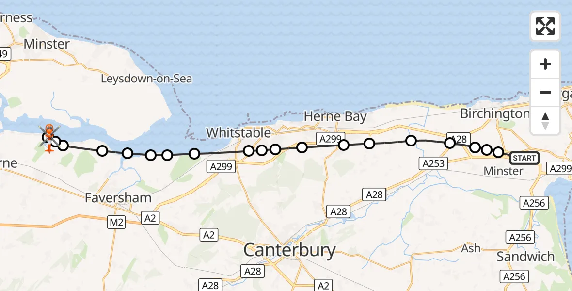 Flight route Coastguard Helicopter Manston Airport - Conyer, 23 August 2026, 11:51