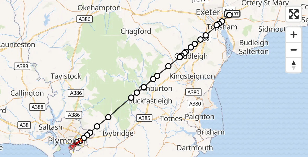Flight route Air Ambulance Helicopter Clyst Honiton - Oreston, 23 August 2026, 11:57