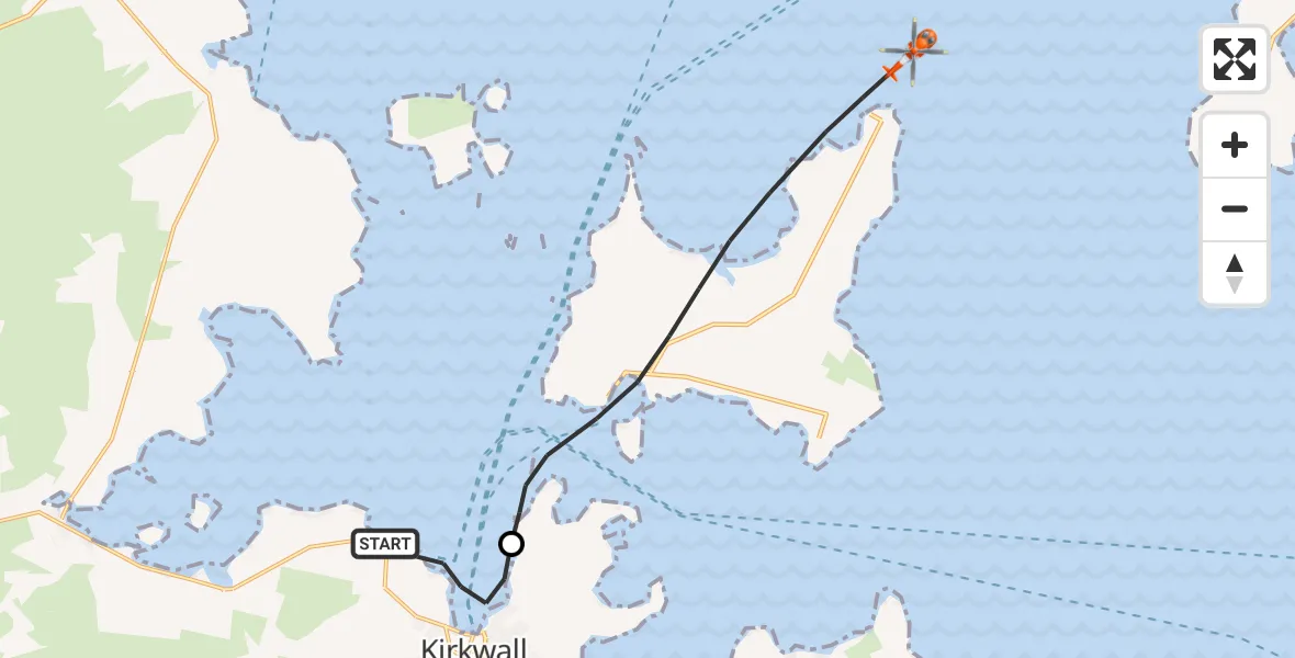Flight route Coastguard Helicopter Kirkwall - North Atlantic Ocean, 23 August 2026, 12:06