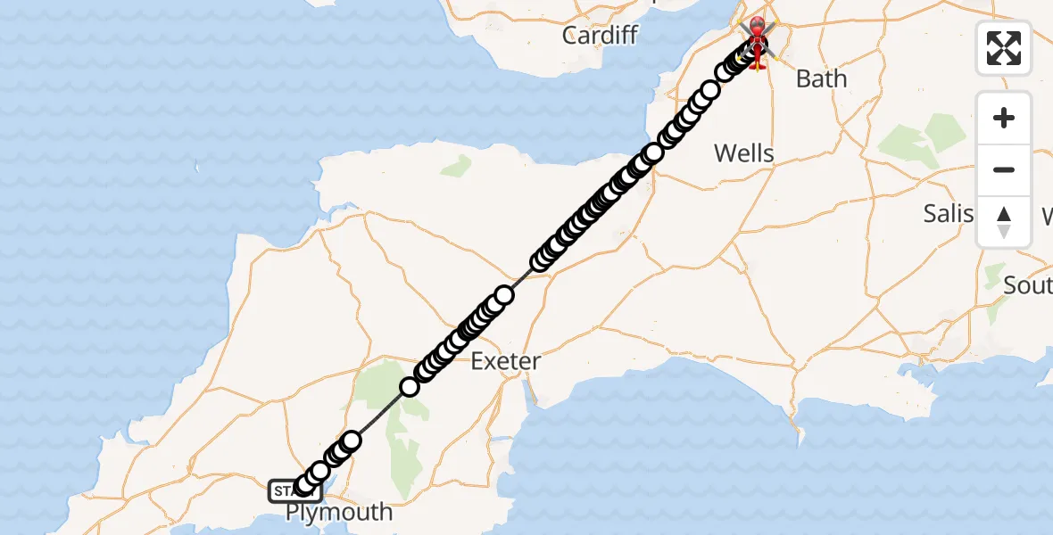Flight route Air Ambulance Helicopter Landrake - Bristol Royal Infirmary, 23 August 2026, 12:07
