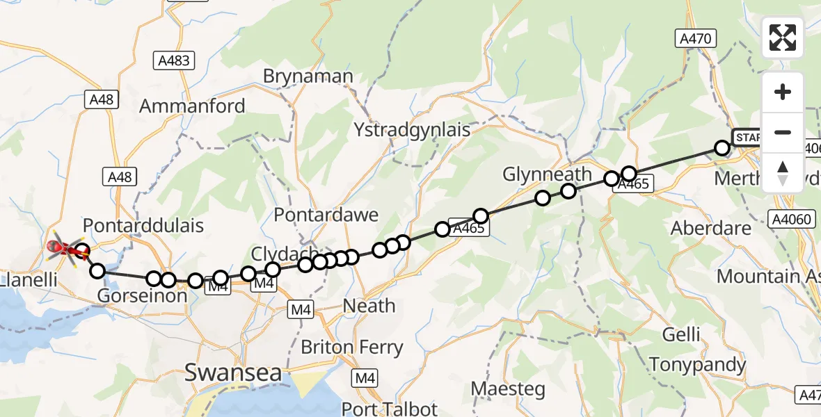 Flight route Air Ambulance Helicopter Trefechan - Dafen, 23 August 2026, 12:21