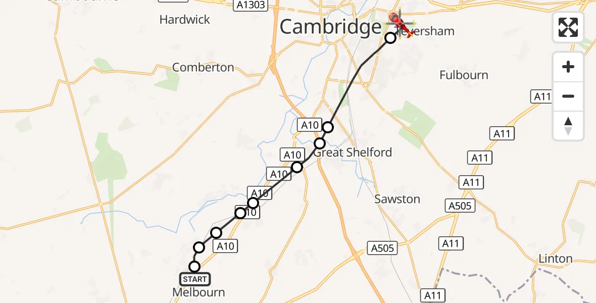 Flight route Air Ambulance Helicopter Melbourn - Cambridge City Airport, 23 August 2026, 12:28