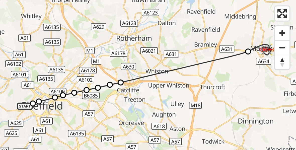 Flight route Air Ambulance Helicopter Sheffield Childrens Hospital - Maltby, 23 August 2026, 12:42