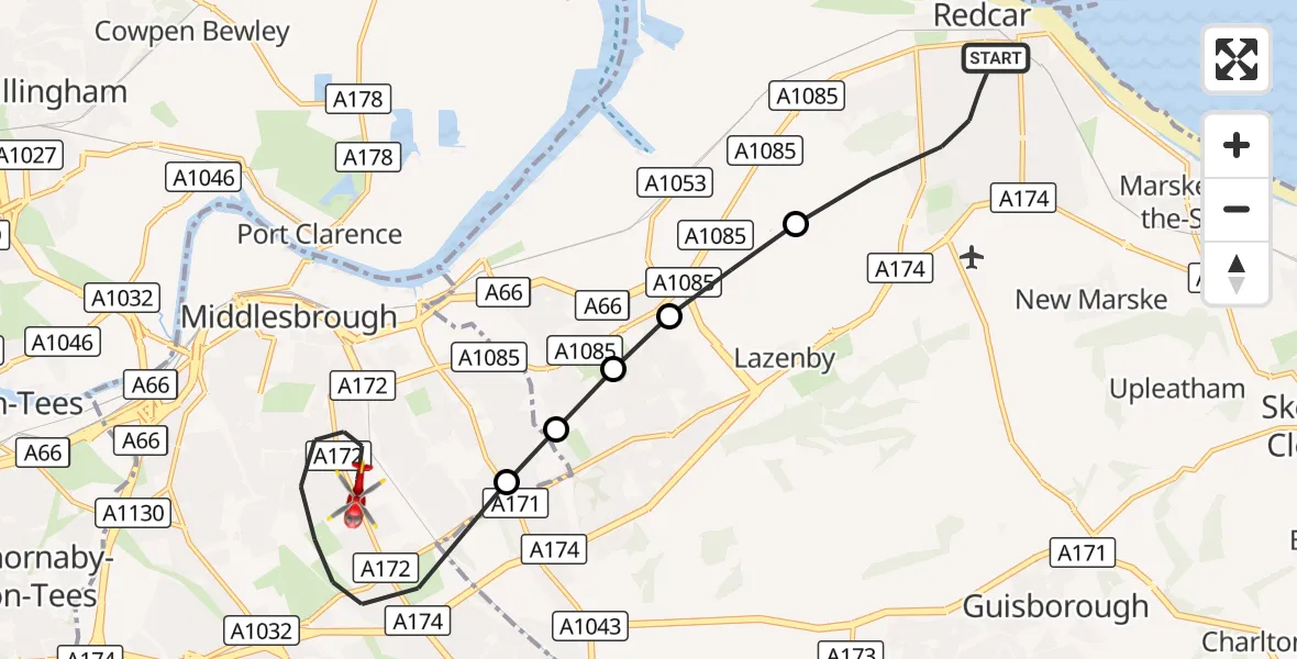Flight route Air Ambulance Helicopter Redcar - James Cook University Hospital, 23 August 2026, 12:45
