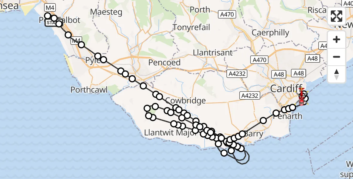 Flight route Air Ambulance Helicopter Sandfields East - Cardiff Heliport, 23 August 2026, 12:45