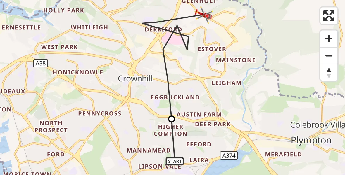 Flight route Air Ambulance Helicopter Lipson Vale - Plymouth City Airport, 23 August 2026, 12:51