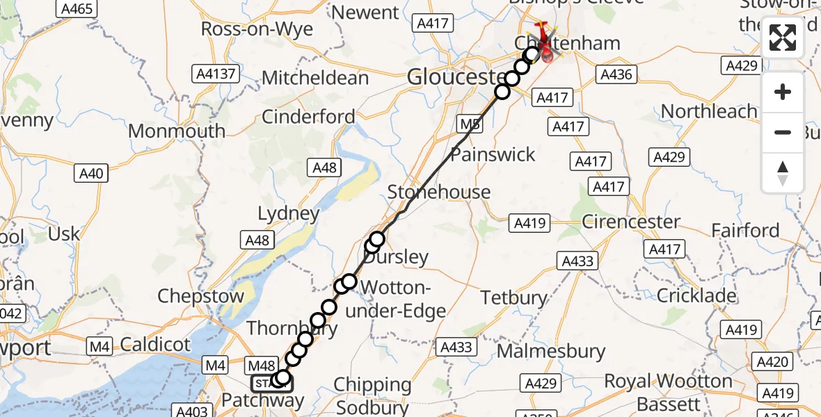 Flight route Air Ambulance Helicopter Almondsbury Helicopter Base - Cheltenham, 23 August 2026, 13:06