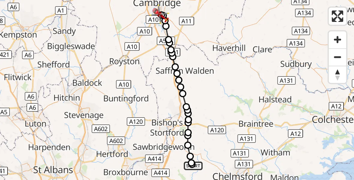 Flight route Air Ambulance Helicopter Fyfield - Papworth Hospital, 23 August 2026, 13:10