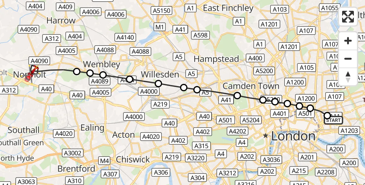 Flight route Air Ambulance Helicopter Royal London Hospital - Ealing, 23 August 2026, 13:23