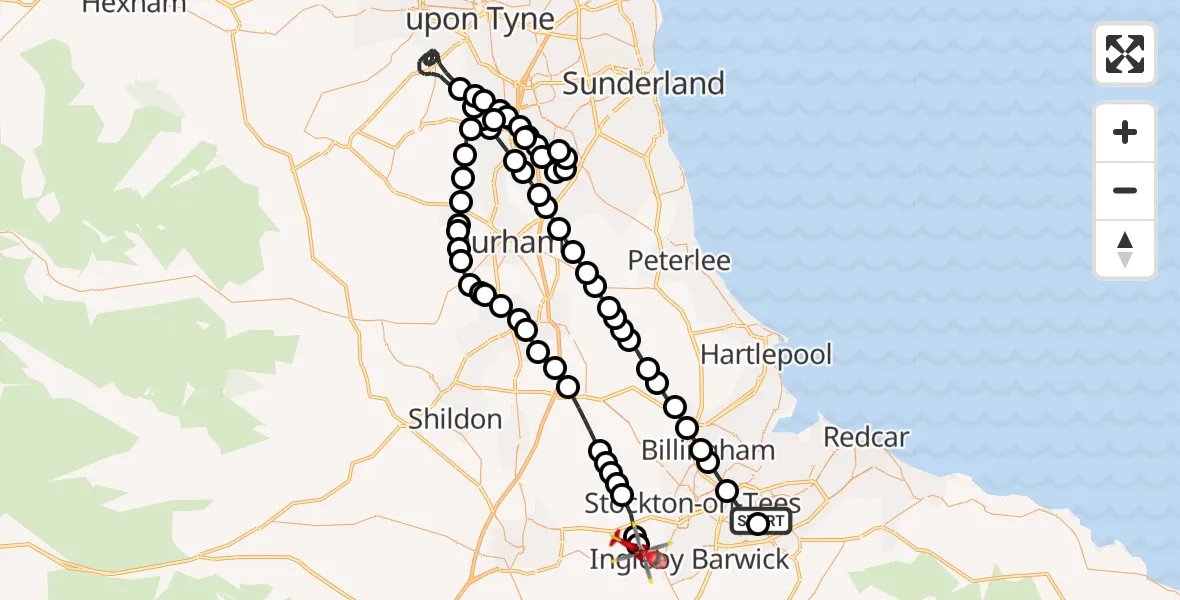 Flight route Air Ambulance Helicopter James Cook University Hospital - Egglescliffe, 23 August 2026, 13:24