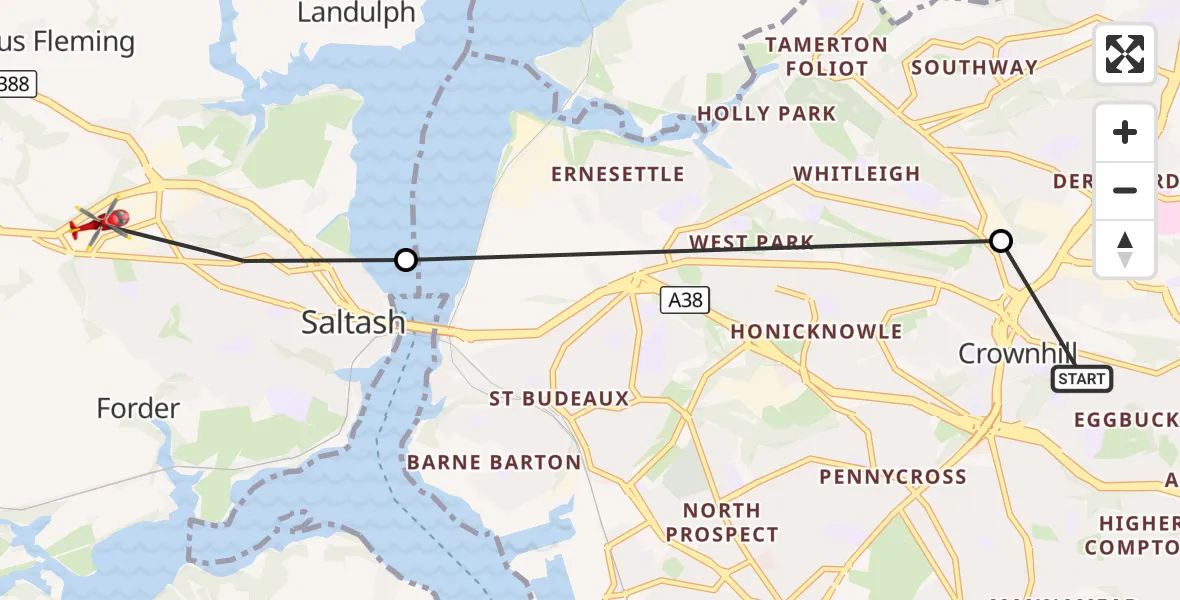 Flight route Air Ambulance Helicopter Crownhill - Saltash, 23 August 2026, 13:25