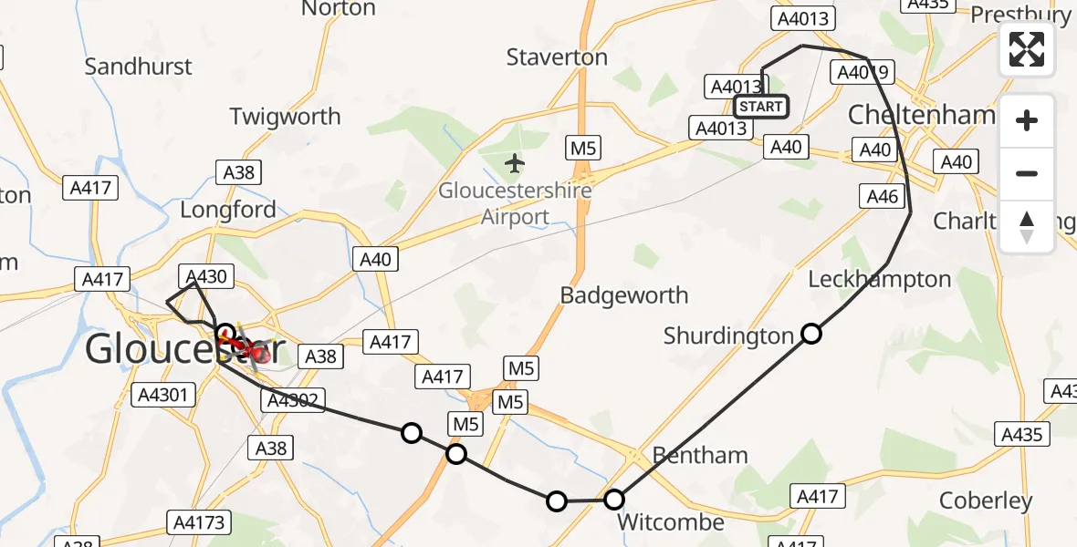 Flight route Air Ambulance Helicopter Cheltenham - Gloucester, 23 August 2026, 13:28