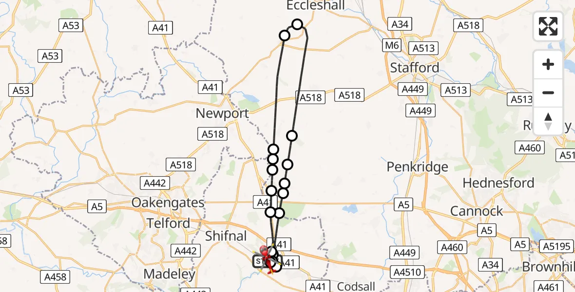 Flight route Air Ambulance Helicopter RAF Cosford - Shifnal, 23 August 2026, 13:33
