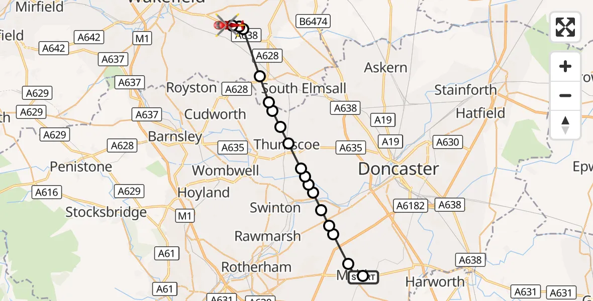 Flight route Air Ambulance Helicopter Maltby - YAA Nostell Helicopter Port, 23 August 2026, 13:48