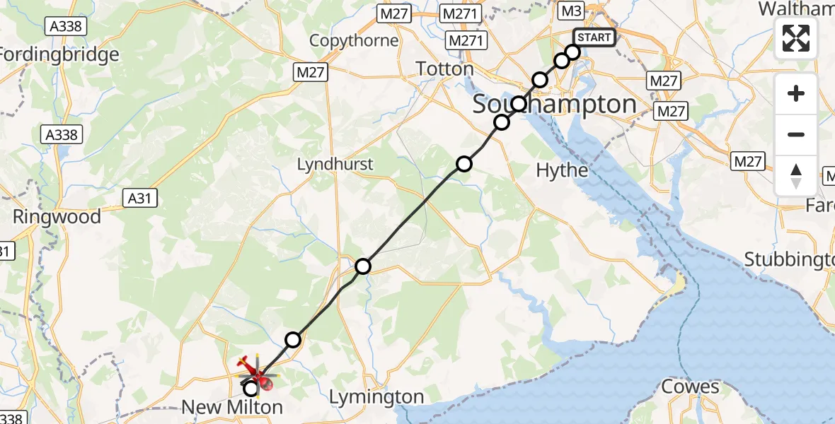 Flight route Air Ambulance Helicopter Bitterne Park - New Forest, 23 August 2026, 14:00