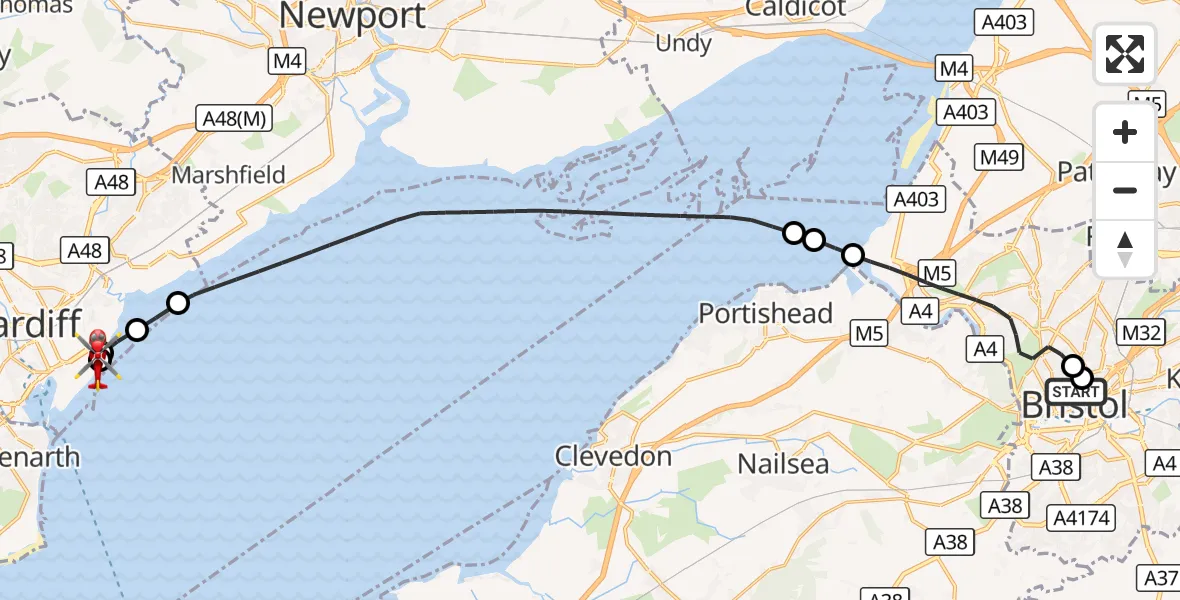 Flight route Air Ambulance Helicopter Bristol Royal Infirmary - Cardiff Heliport, 23 August 2026, 14:12